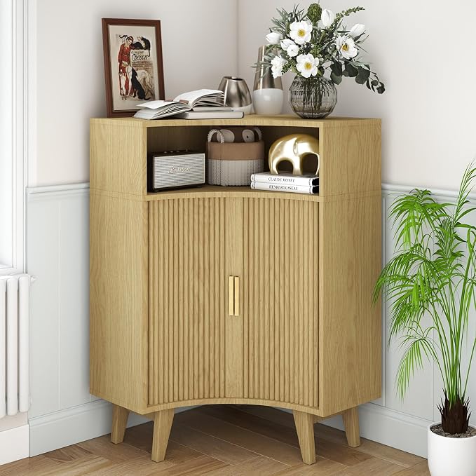 Fluted Corner Cabinet with Open Storage, Modern Floor Cabinets with Sliding by Vudanfe