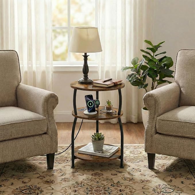 Round Side Table with Power Outlet & USB Ports, 3-Tier End Table with Storage - Image 6