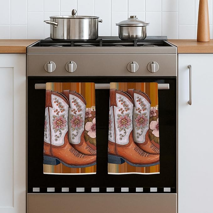 Cowboy Boots Kitchen Towels Set of 4, Western Rustic Flowers Stripes Fall Brown - Image 5