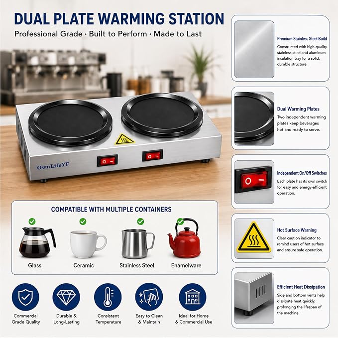 Dual Plate Coffee Warmer, Stainless Steel, 2 Burners Decanter Coffee Carafe - Image 4