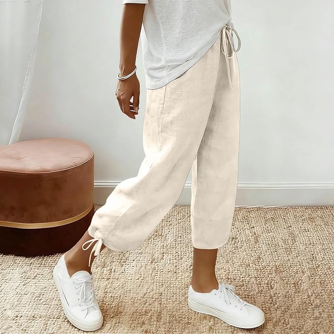 Linen Capri Pants for Women Drawstring Elastic Wide Leg Trouser 2026 Summer - Image 3