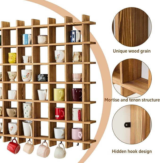 Oversize Coffee Mug Display Rack, 41 x 41 Inch Wooden Mug Shelf - Image 5