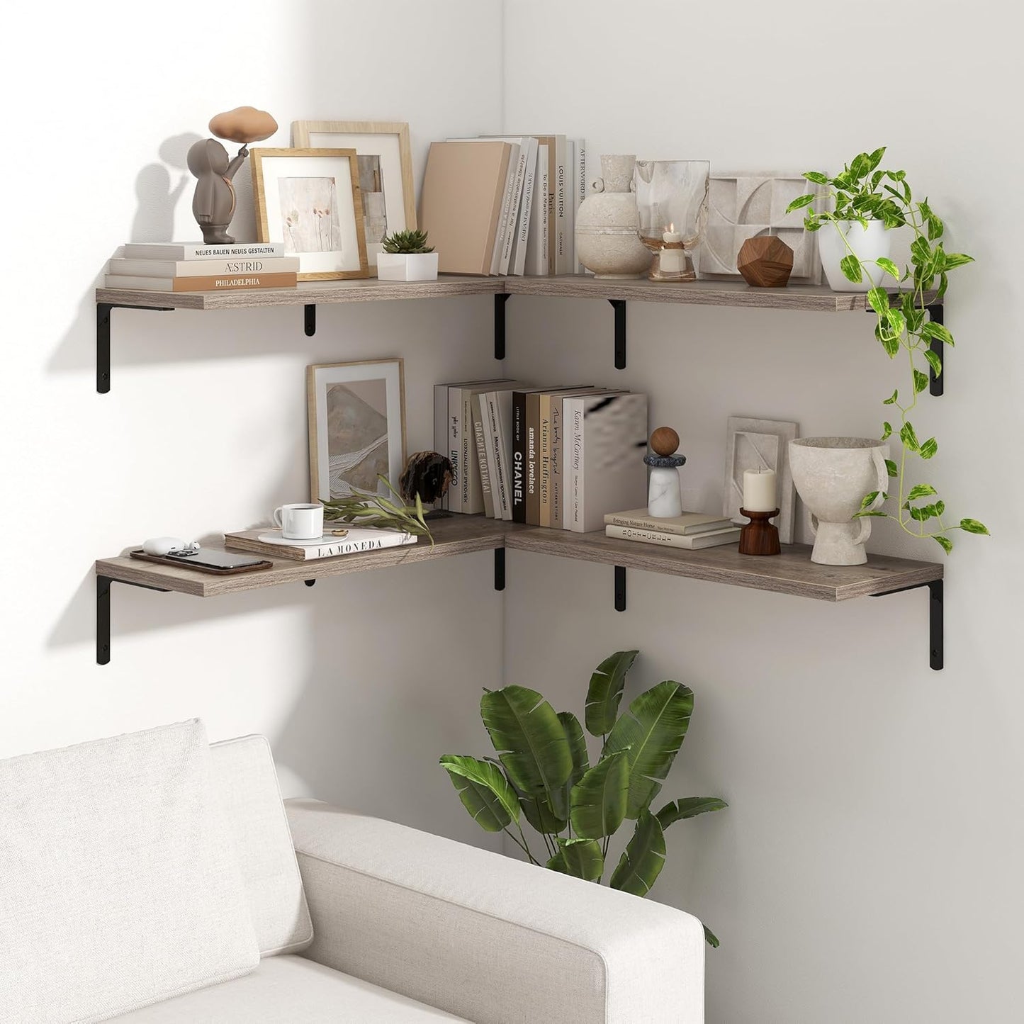 Fun Memories Deep Floating Shelves, 32W x 8D Floating Shelves Set of 2, Wall Mounted Shelf with Metal Brackets, Rustic Wood Wall Shelf for Bathroom, Kitchen and Living Room, Grey