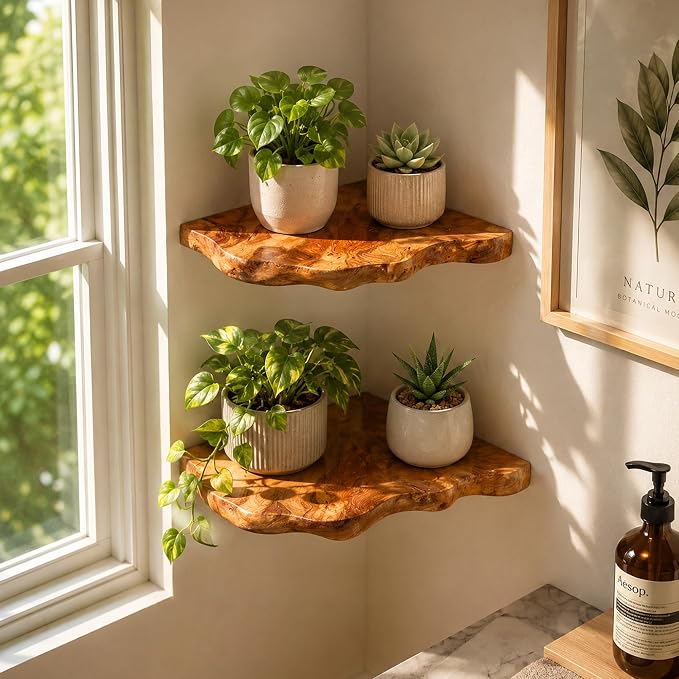 Floating Corner Shelf Set of 2, Handcrafted Live Edge Corner Wall Shelves - Image 2