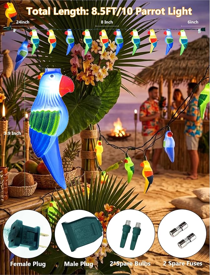 Outdoor Tropical Parrot String Lights Plug in, 8.5Ft Outdoor Hawaiian - Image 2