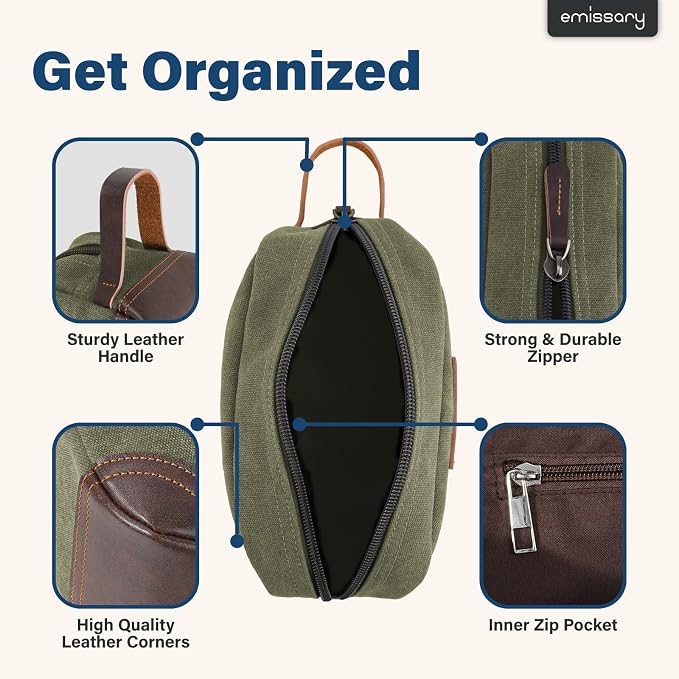 emissary Men's Canvas Travel Toiletry Bag, Leather Dopp Kit - Image 2