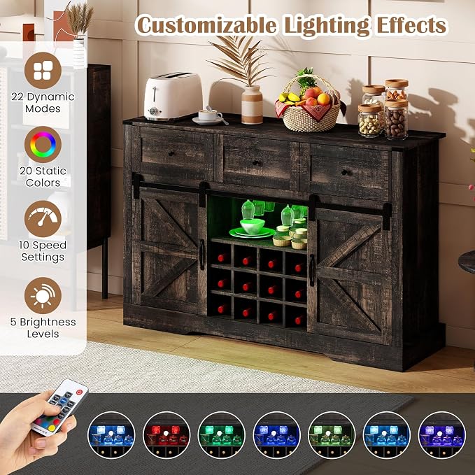 Giantex Wine Bar Cabinet with LED Lights, 3 Drawer, Adjustable Shelf, 12 Bottle - Image 4