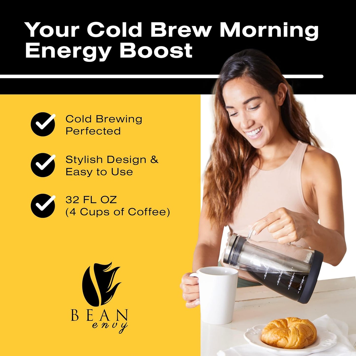 Bean Envy Cold Brew Coffee Maker - 32 oz Glass Coffee Cold Brew Maker and Pitcher w/Silicone Cap & Base