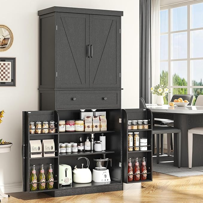 kepptory 72" Tall Kitchen Pantry Cabinet, Barn Doors and Drawer, Farmhouse - Image 5