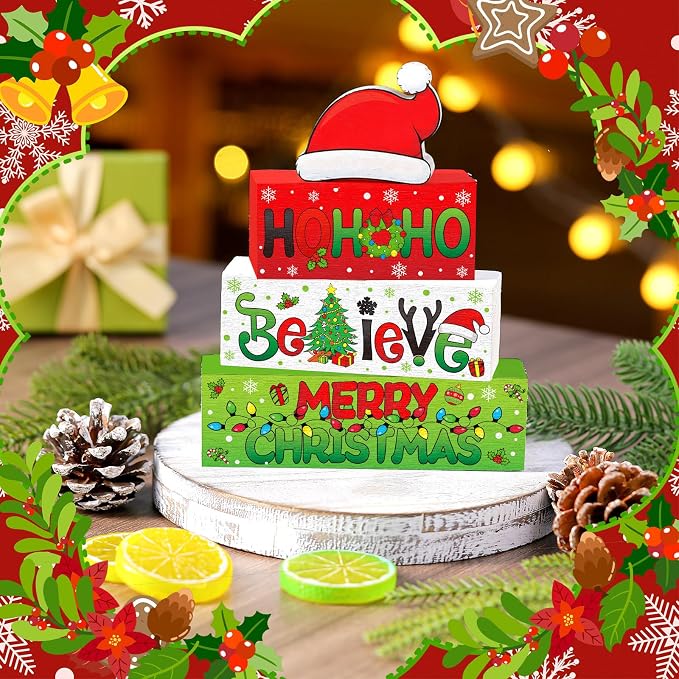 Moucuny 4 Pcs Christmas Table Decor Wooden Hohoho Decoration Red White Green - Image 6