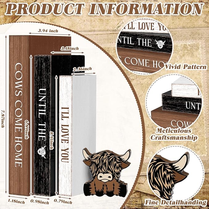 Amyhill 4 Pcs Highland Cow Table Decorations, Rustic Wooden Highland Cow - Image 3