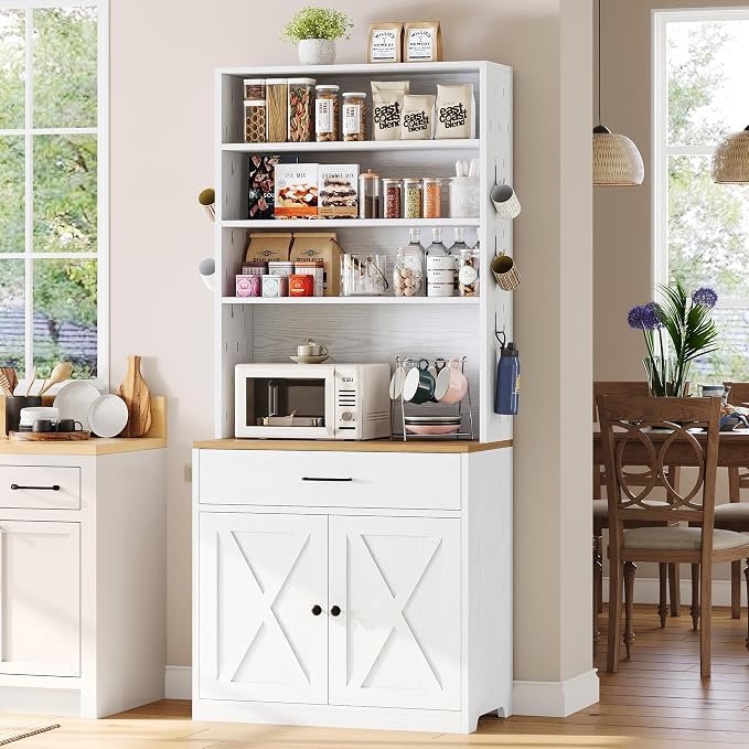 IRONCK Bakers Rack Microwave Stand Storage and Customizable Pegboard, Barn Doors - Image 9