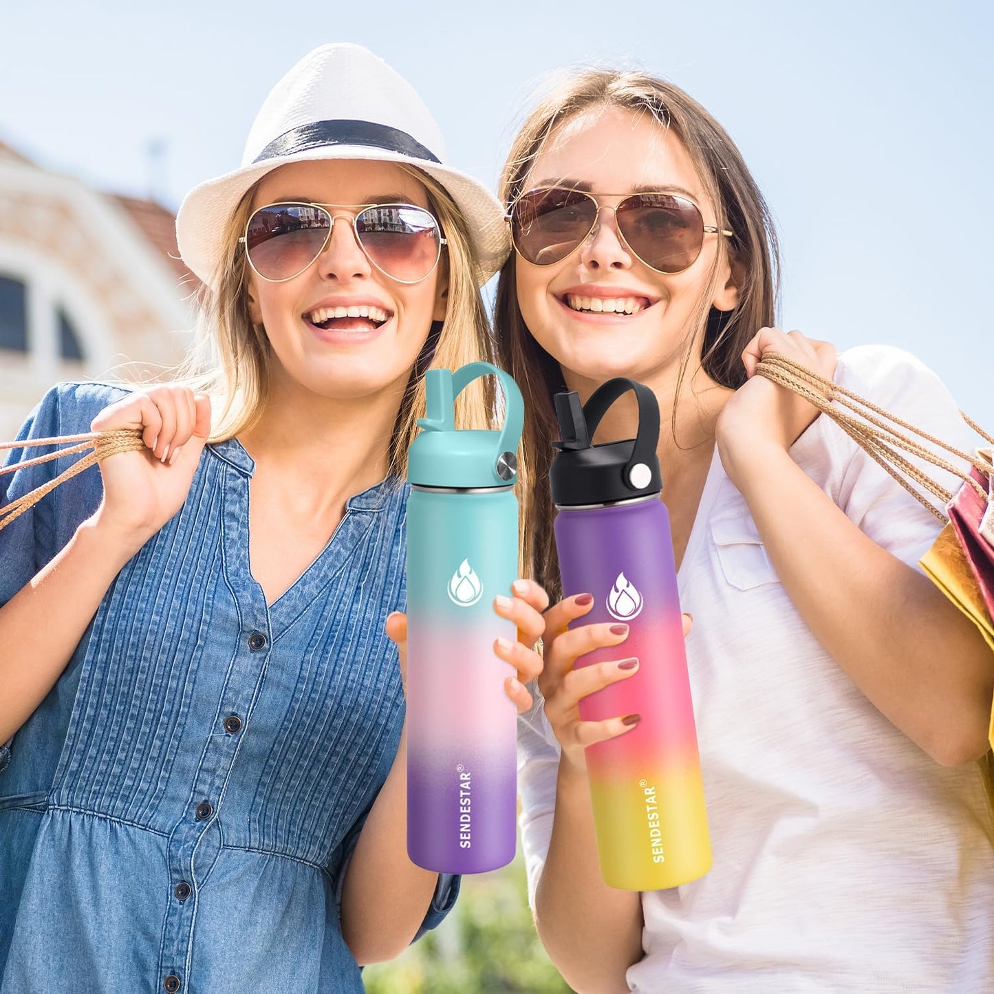 SENDESTAR Water Bottle 32oz Double Wall Vacuum Insulated Leak Proof Stainless Steel Sports Water Bottle—Wide Mouth with New Flex Straw Lid & Spout Lid (White&Tiffany)