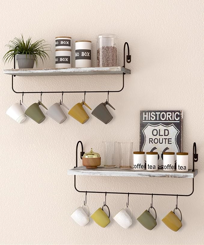 Wall Mount Floating Shelves, Wooden Coffee Bar Hanging Storage Shelf Rustic Cup by Petrala