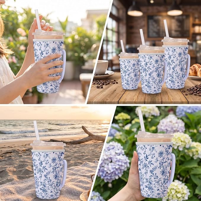 Blue Floral Reusable Insulated Iced Coffee Cup Sleeve, Flower Insulated Cup - Image 6