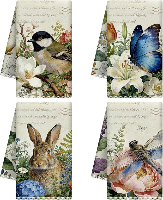 CUTHOLLOW Retro Garden and Animals Decorative Kitchen Towels Set of 4, by CUTHOLLOW