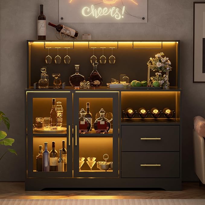 Wine Bar Cabinet with LED Lights, Liquor Bar Cabinets with Power Outlets - Image 7