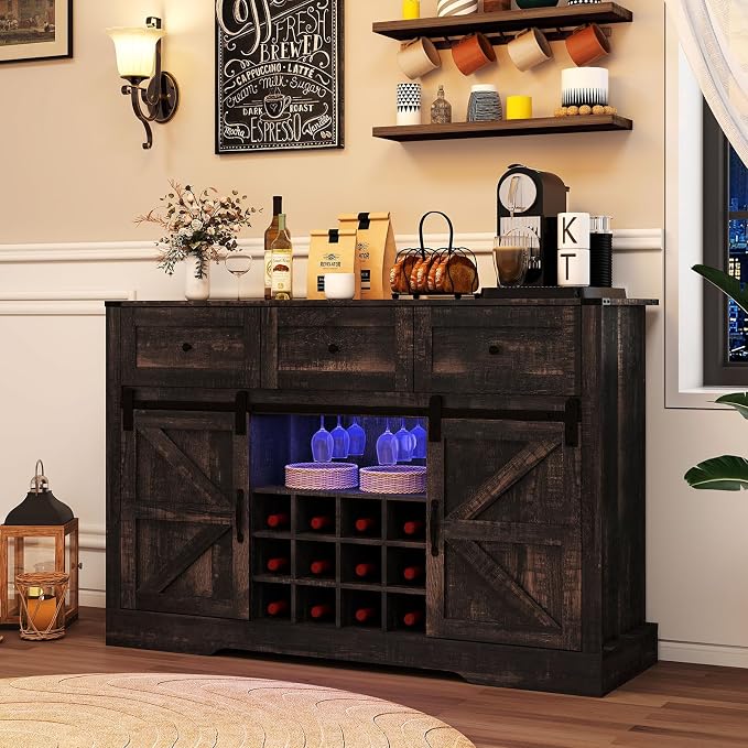Giantex Wine Bar Cabinet with LED Lights, 3 Drawer, Adjustable Shelf, 12 Bottle - Image 2