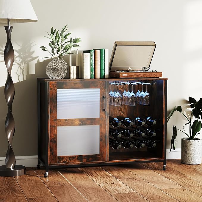 GOFLAME Wine Bar Cabinet with Wheels and LED Lights, Industrial Coffee Bar - Image 2