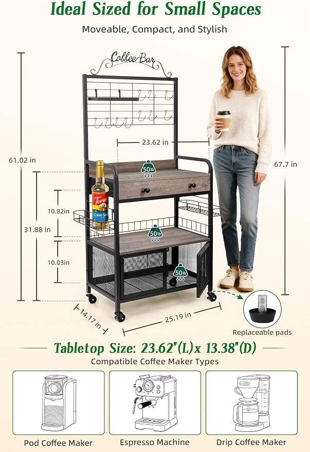 Coffee Bar Cabinet with Storage, Coffee Cart with Wheels, Coffee Station with - Image 8