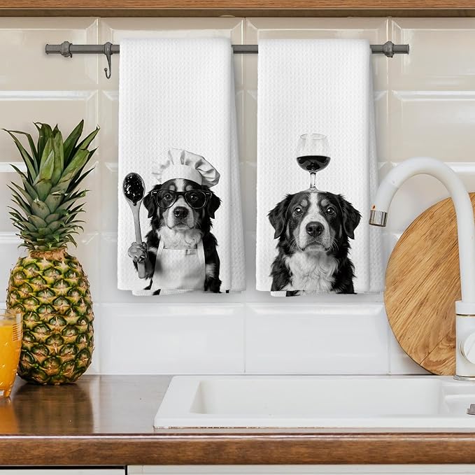 Funny Chef Bernese Mountain Dog Wine Kitchen Dish Towels, Bernese Mountain Dog - Image 4