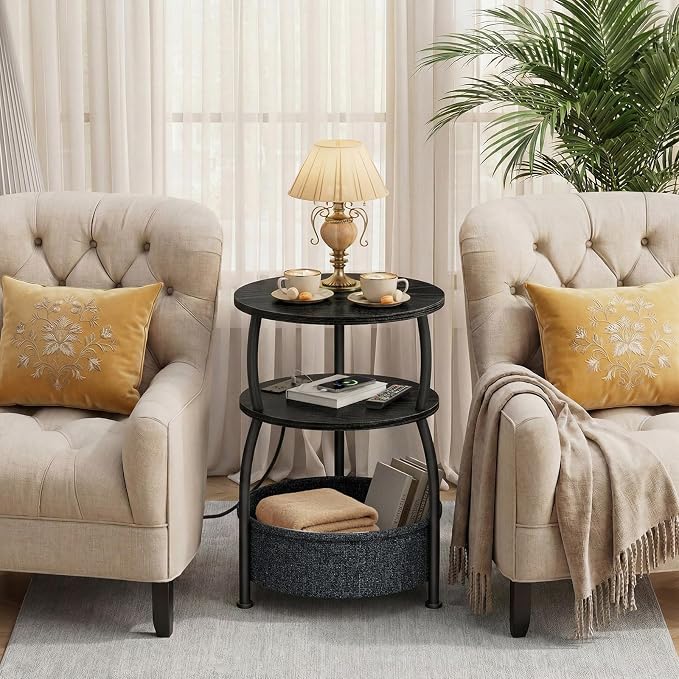 Round Side Table with Charging Station, USB Type C Port, Space Saving, Tall - Image 7