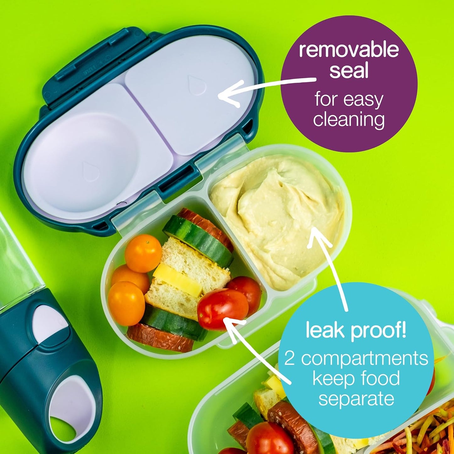b.box Snack Box (2-pack) Reusable Snack Containers with Lids – Bento Box for Kids & Toddlers, Leakproof Lunch Box, BPA-Free and Dishwasher Safe Snack Container(O'Breeze + Emerald, 1 3/4 Cup)