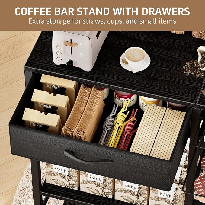 Coffee Bar with Integrated Storage, 5-Tier Coffee Bar Cabinet with Drawers - Image 6