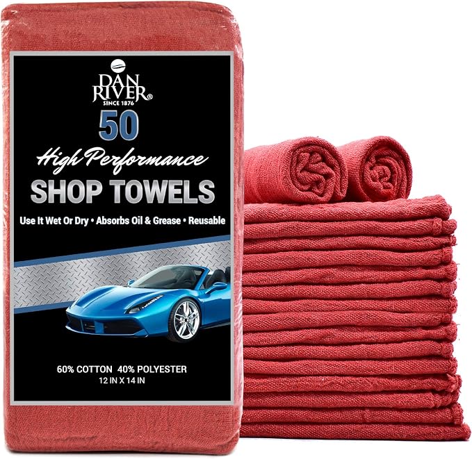 DAN RIVER Shop Towels, 50 Pack Commercial Use Red Terry Cloth Rags by DanRiver