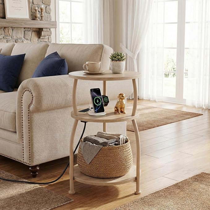 Round Side Table with Power Outlet & USB Ports, 3-Tier End Table with Storage - Image 2