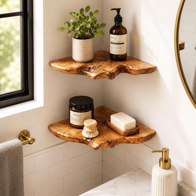 Floating Corner Shelf Set of 2, Handcrafted Live Edge Corner Wall Shelves - Image 4