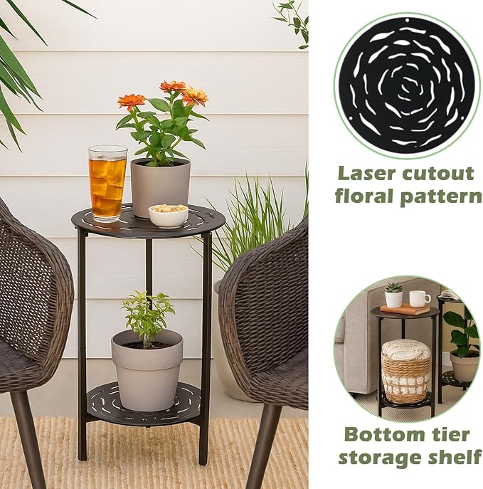 2-Tier Metal Round Side Table Black Accent Coffee Tables Small Space Corner - Image 5