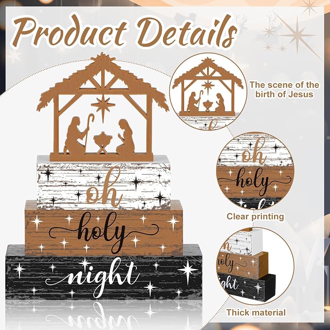 Geelin 4 Pieces Christmas Nativity Scene Table Decorations Xmas Wooden Silent - Image 5