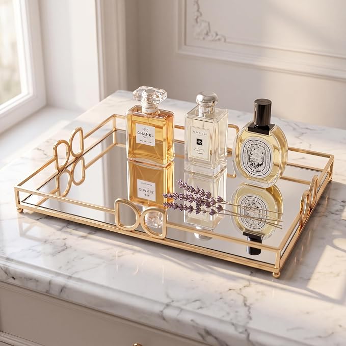 13X 10 Inch Glass and Gold Rectangle Tray ，Dinner Plate Perfume and Vanity Tray - Image 4