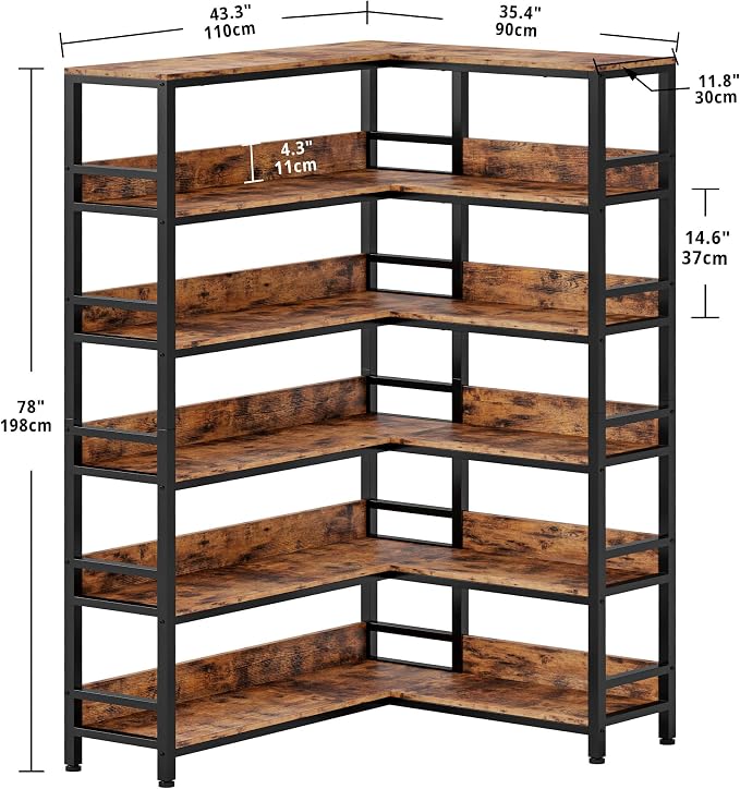 IRONCK Corner Bookshelf 6 Tiers, Industrial Corner Bookcase - Image 3