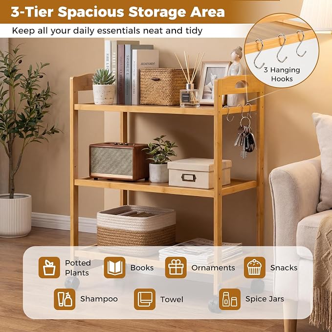 Giantex 3-Tier Rolling Storage Cart, Bamboo Utility Cart w/ 3 Side Hooks & - Image 4