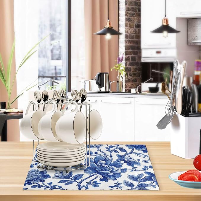 Blue and White Flowers Leaves Coffee Mat Coffee Bar Maker Backed Absorbent - Image 6