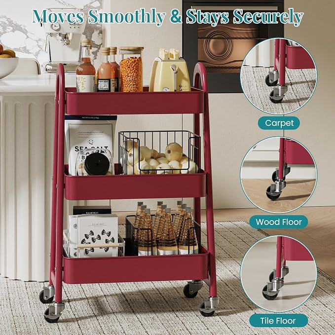 OLIXIS Metal 3 Tiers Utility Rolling Cart, Mobile Storage Shelf - Image 6