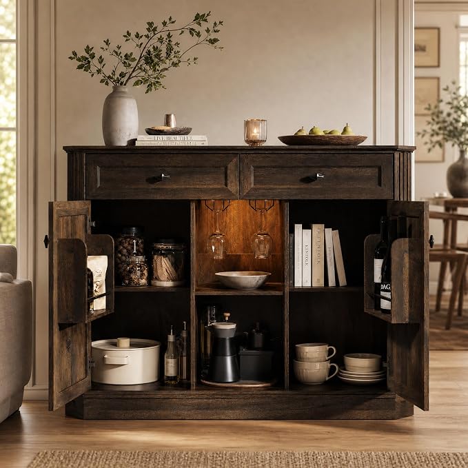 Walnut Coffee Bar with 2 Drawers & 2 Doors, LED Wine Bar Cabinet with Wine - Image 6