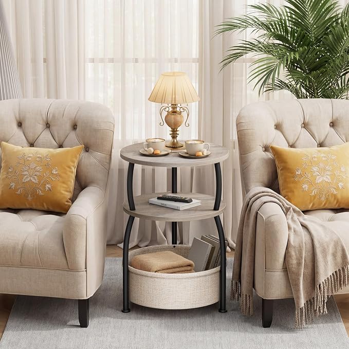 Round Side Table with Storage Basket, End Table Living Room, Greige | Round End - Image 6