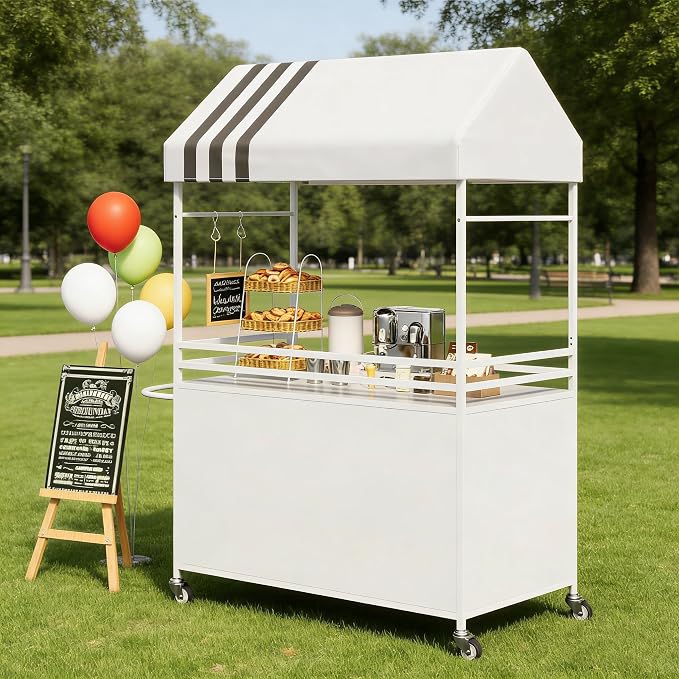 Portable Vendor Cart with Canopy, Outdoor Mobile Food Cart with Wheels - Image 2