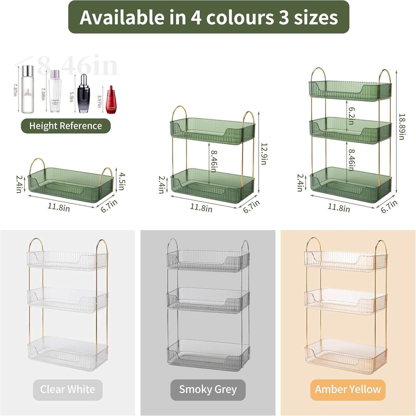 YCIA&DONE Bathroom Organizer Countertop, Makeup Storage, Skincare Cosmetic Tray Shelf, Perfume Holder Rack for Vanity Counter, Large Capacity, Easy to Install, Clean, 3 Tiers, Vintage Green