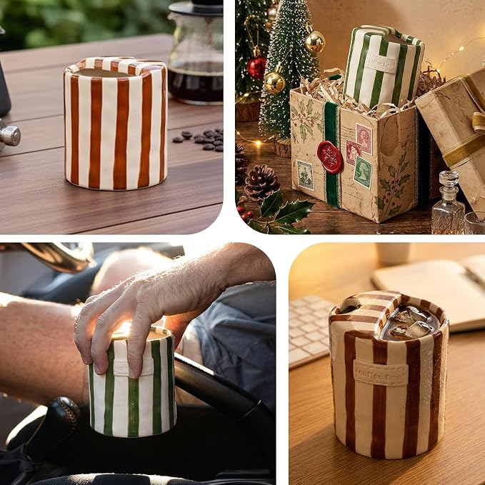 Ceramic Coffee Mug with Sip Hole - 10oz Retro Hand-Painted Striped Art Multiple - Image 6