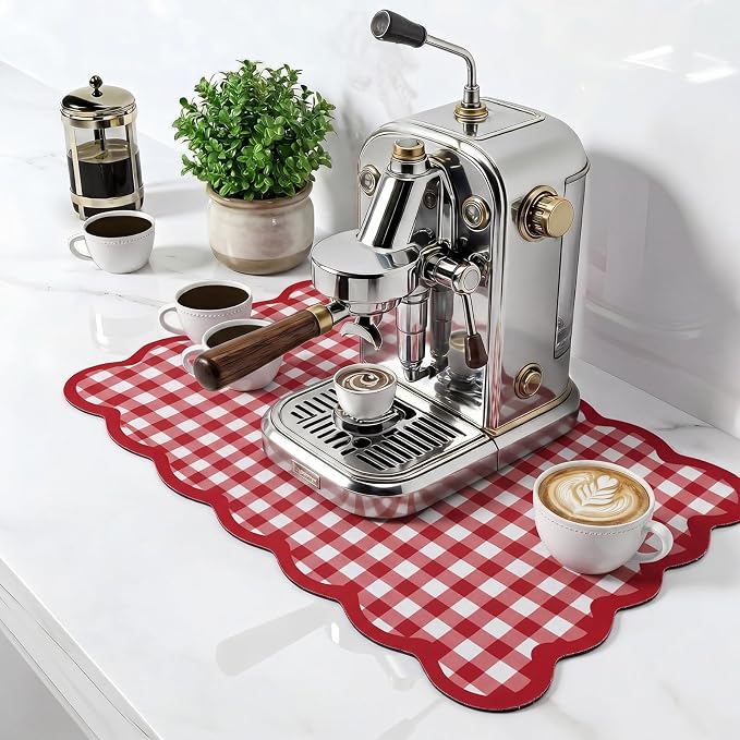 Scalloped Gingham Coffee Mat 12" x 20" Absorbent Coffee Bar Mat Brown Gingham by Ferrochef