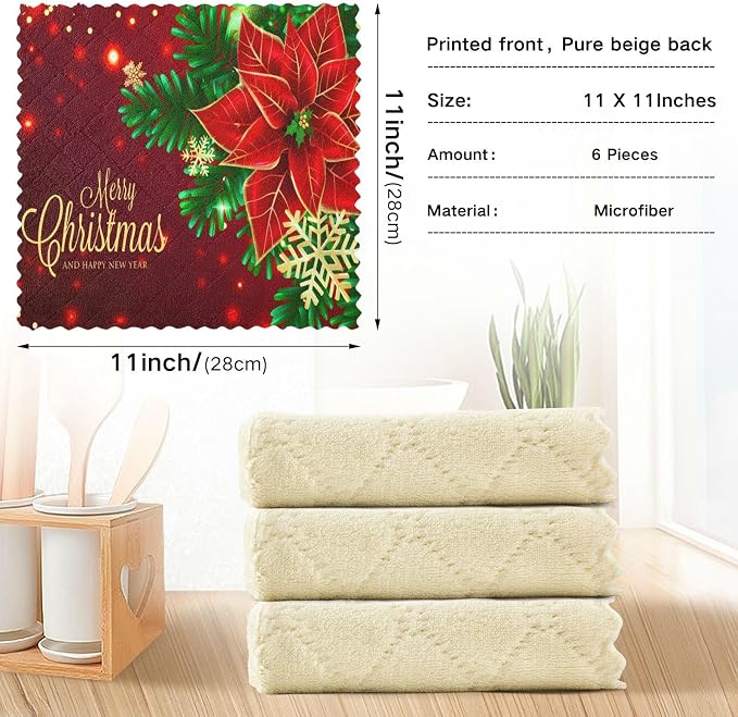 ALAZA Dish Towels Kitchen Cleaning Cloths Christmas Poinsettia and Snowflakes - Image 3