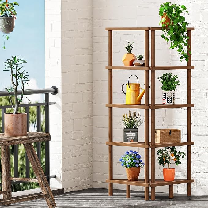 HOOBRO Corner Shelf Stand, 5-Tier Bamboo Corner Bookshelf, Plant Display Shelf - Image 9