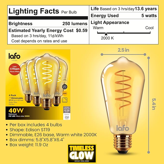 TimelessGlow 8 Pack Dimmable ST19 LED Edison Bulbs 5W 40W Equivalent Warm Amber - Image 13