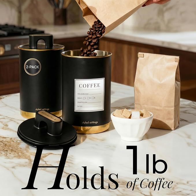 STYLED SETTINGS Coffee Bar Canisters Set of 2 – Vacuum Coffee Canisters - Image 3