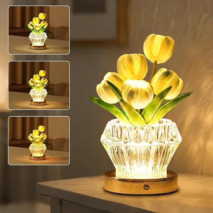 Blue Tulip Flower Lamp Diamond Vase, 3 Color Night Light Dimmable Touch Control by Hibeauti