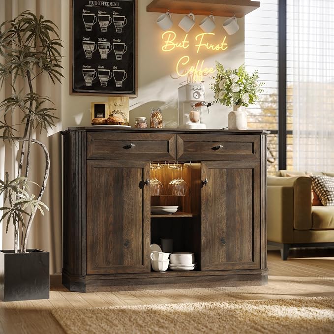 47" Wine Bar Cabinet with LED Light & Power Outlets, 2 Door Coffee Bar Cabinet - Image 5